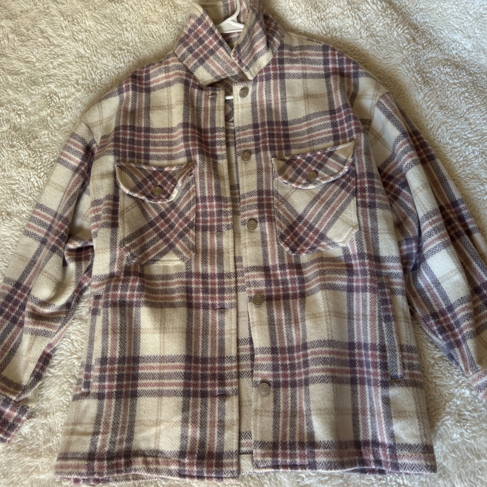 Vine & Love Pink, Purple, and Cream Plaid Button-Up Jacket (shacket)